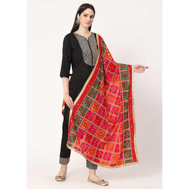 Red Chiffon Phulkari Embroidered Work Dupatta - JD986589006