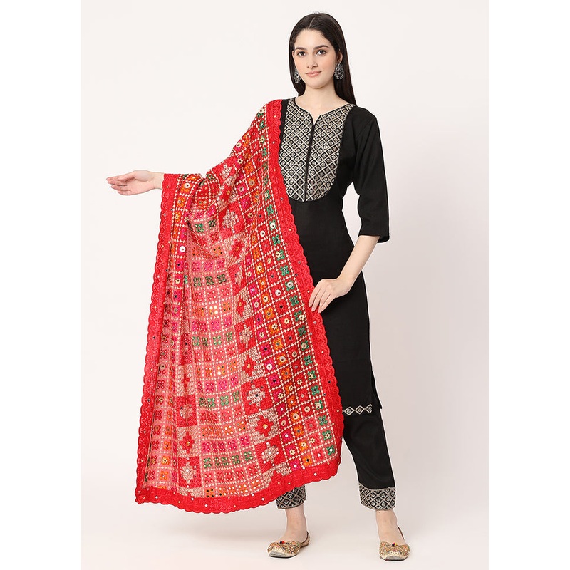 Red Chiffon Phulkari Embroidered Work Dupatta - JD986589007