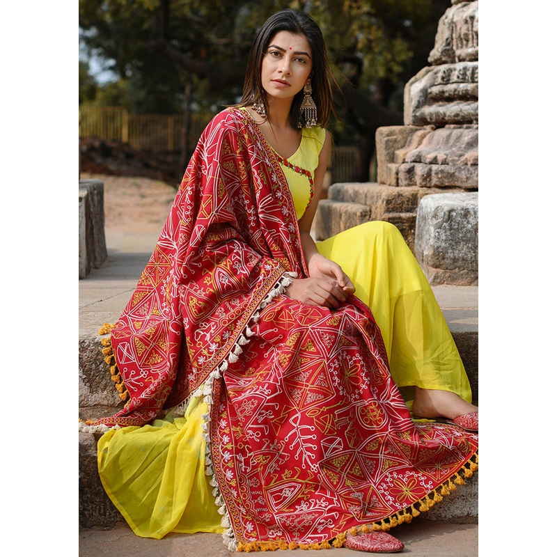 Red Cotton Dupatta - JD986589015