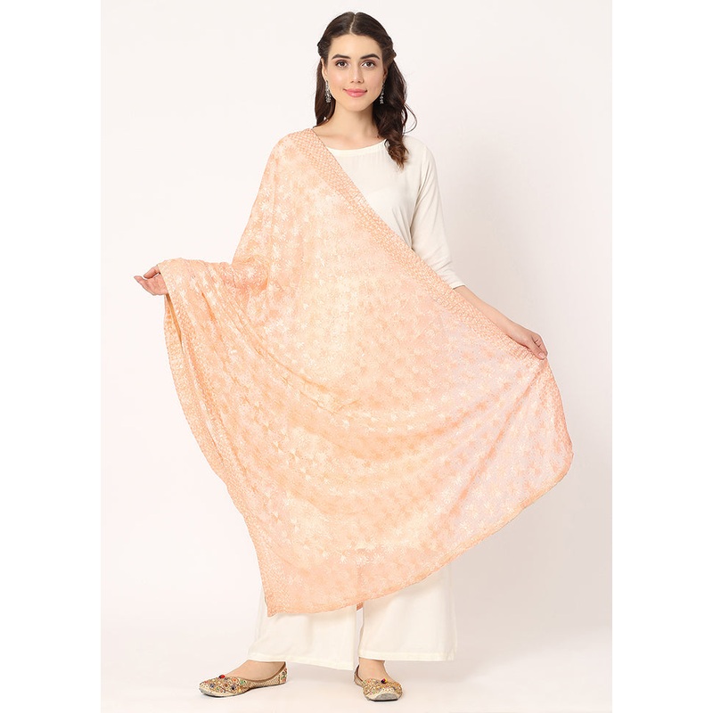 White Chiffon Phulkari Embroidered Work Dupatta - JD986589022