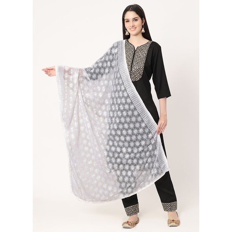 White Chiffon Phulkari Embroidered Work Dupatta - JD986589023
