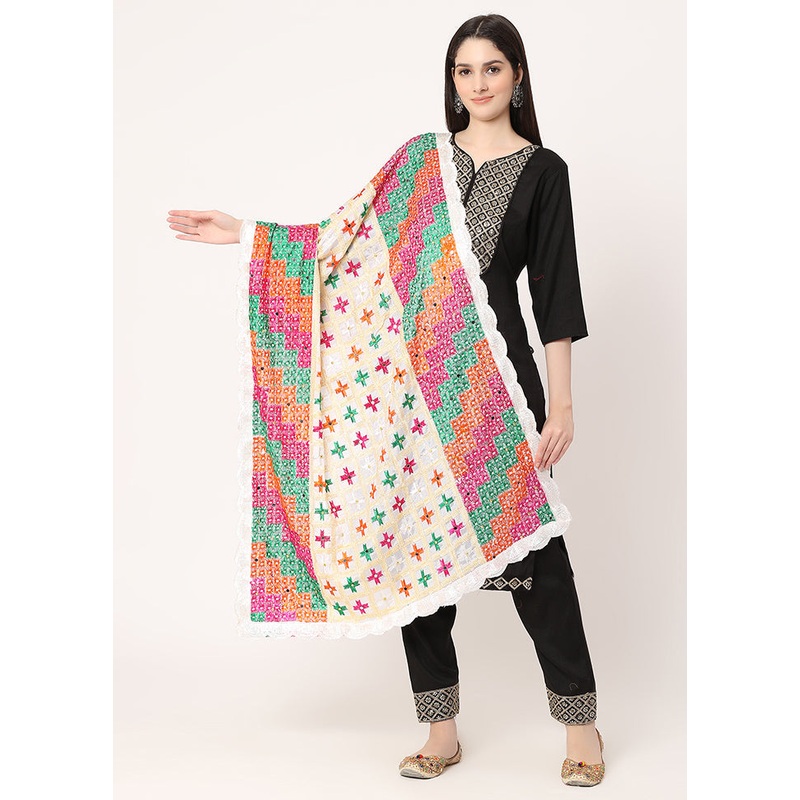 White Chiffon Phulkari Embroidered Work Dupatta - JD986589024