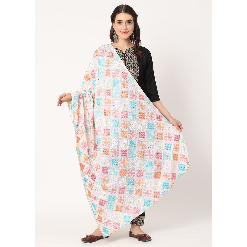 White Chiffon Phulkari Embroidered Work Dupatta - JD986589025