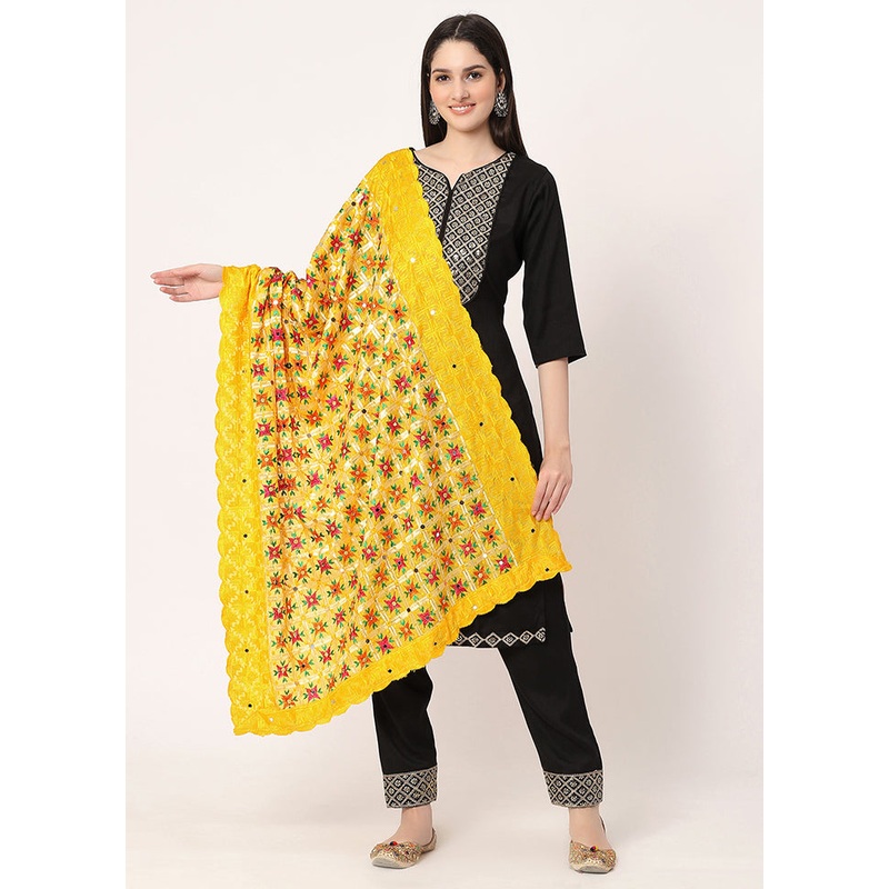 Yellow Chiffon Phulkari Embroidered Work Dupatta - JD986589030