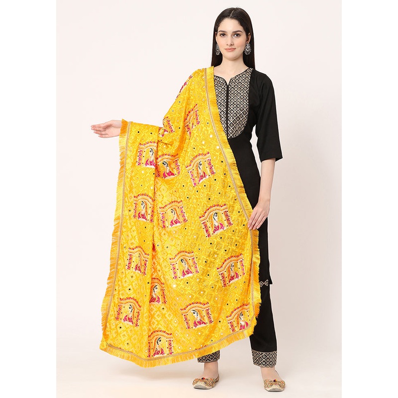 Yellow Chiffon Phulkari Embroidered Work Dupatta - JD986589031