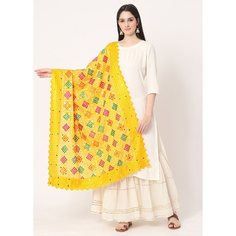Yellow Chiffon Phulkari Embroidered Work Dupatta - JD986589032