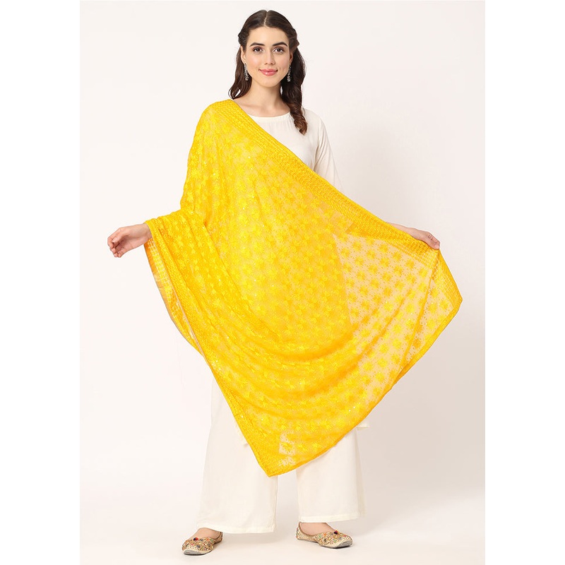 Yellow Chiffon Phulkari Embroidered Work Dupatta - JD986589033