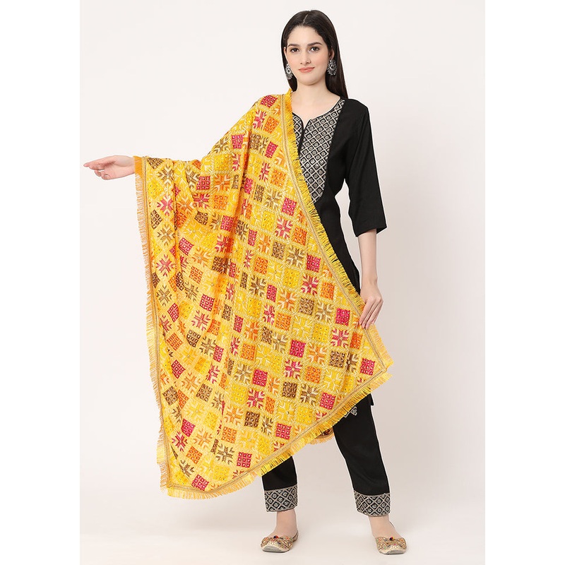 Yellow Chiffon Phulkari Embroidered Work Dupatta - JD986589034