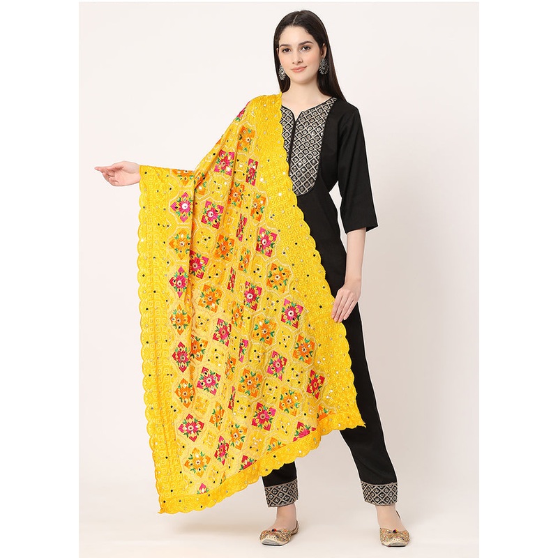 Yellow Chiffon Phulkari Embroidered Work Dupatta - JD986589035