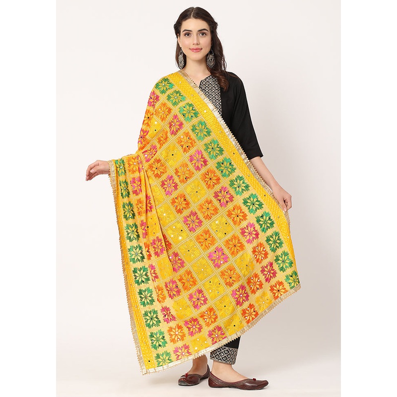 Yellow Chiffon Phulkari Embroidered Work Dupatta - JD986589036