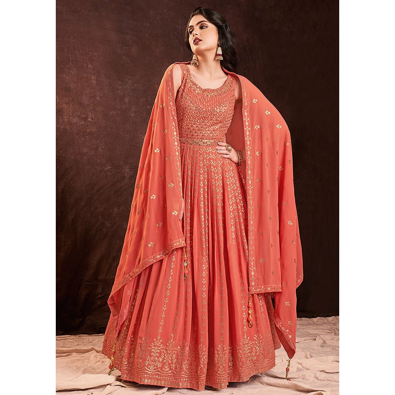 2 Pc Orange Readymade Pure Georgette Gown - JD986588706