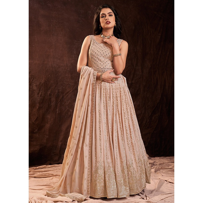 2 Pc Peach Readymade Pure Georgette Gown - JD986588703