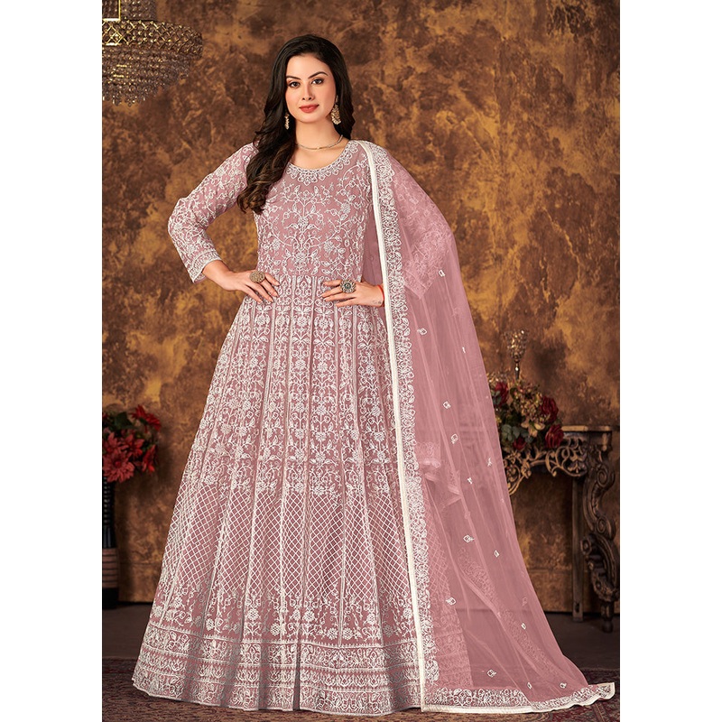 2 Pc Pink Readymade Net Gown With Dupatta - JD986588743