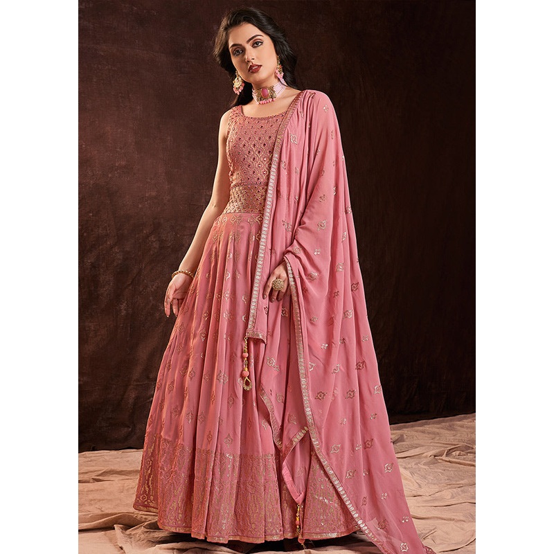 2 Pc Pink Readymade Pure Georgette Gown - JD986588705