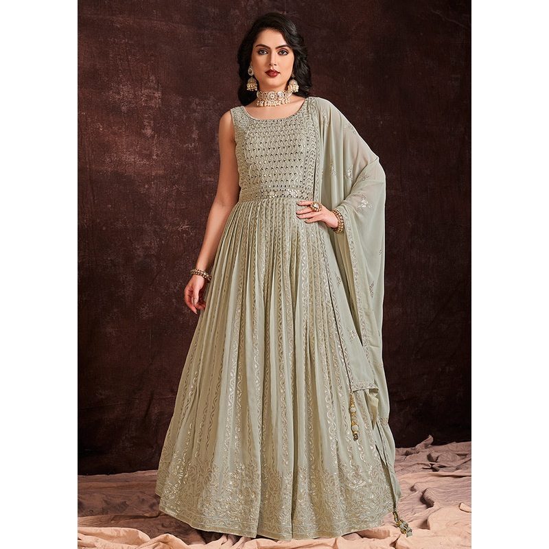 2 Pc Pista Green Pure Georgette Gown - JD986588704