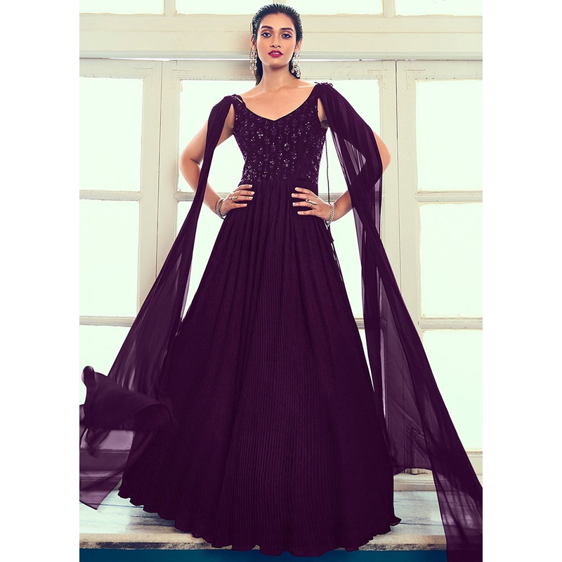 2 Pc Purple Readymade Georgette Gown With Dupatta - JD986588712