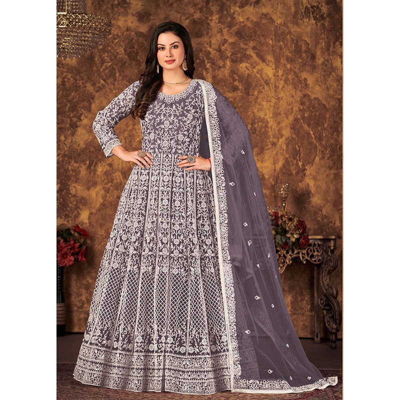 2 Pc Purple Readymade Net Gown With Dupatta - JD986588744