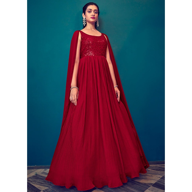 2 Pc Red Readymade Georgette Gown With Dupatta - JD986588713