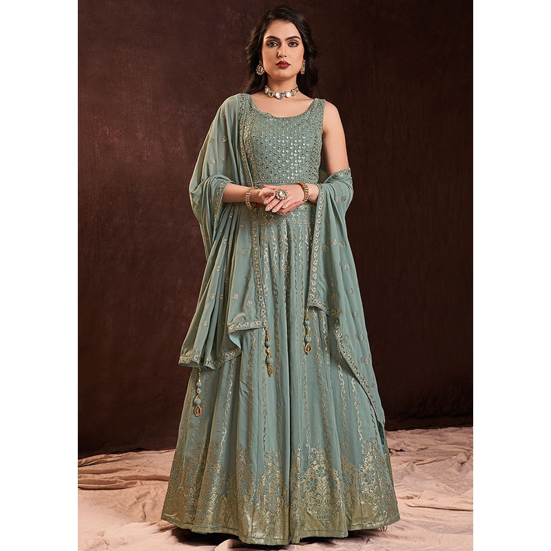 2 Pc Sky Blue Readymade Pure Georgette Gown - JD986588707