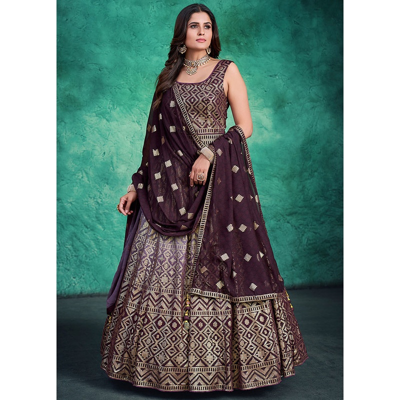 2 Pc Wine Readymade Pure Georgette Gown - JD986588702