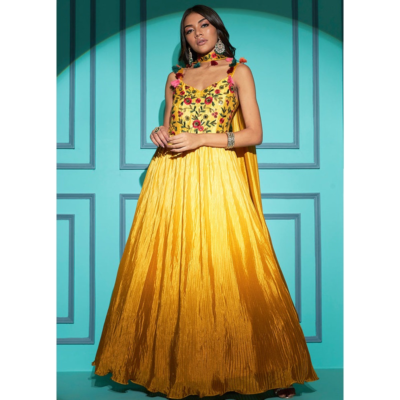 2 Pc Yellow Chiffon Gown With Dupatta - JD986588714