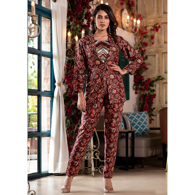 3 Pc Maroon Readymade Silk Coord Set - JD986588722