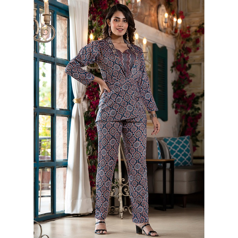3 Pc Navy Blue Readymade Silk Coord Set - JD986588723