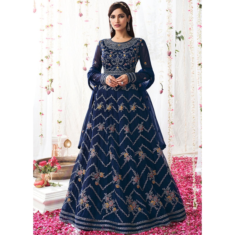 3 Pc Navy Blue Semi Stitched Satin Gown - JD986588677