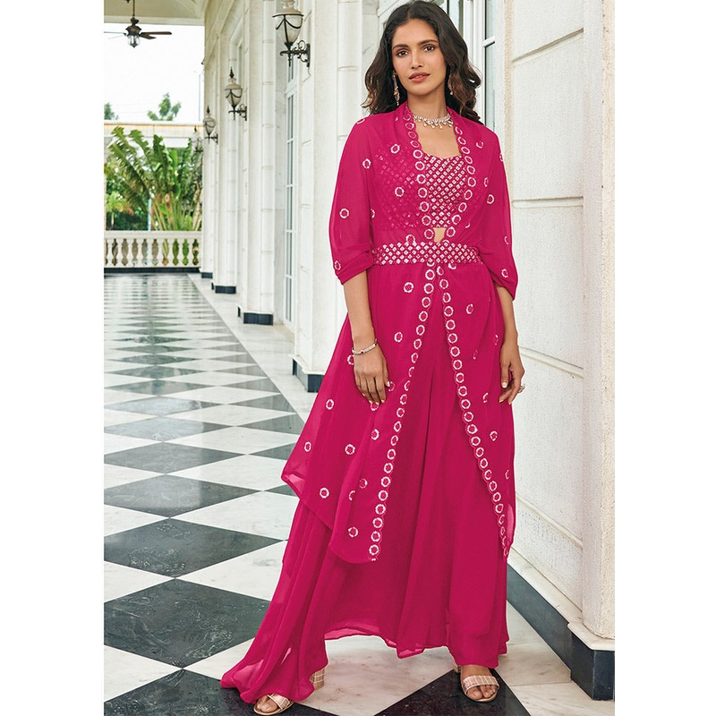 3 Pc Pink Georgette Semi Stitched Coord Set - JD986588720