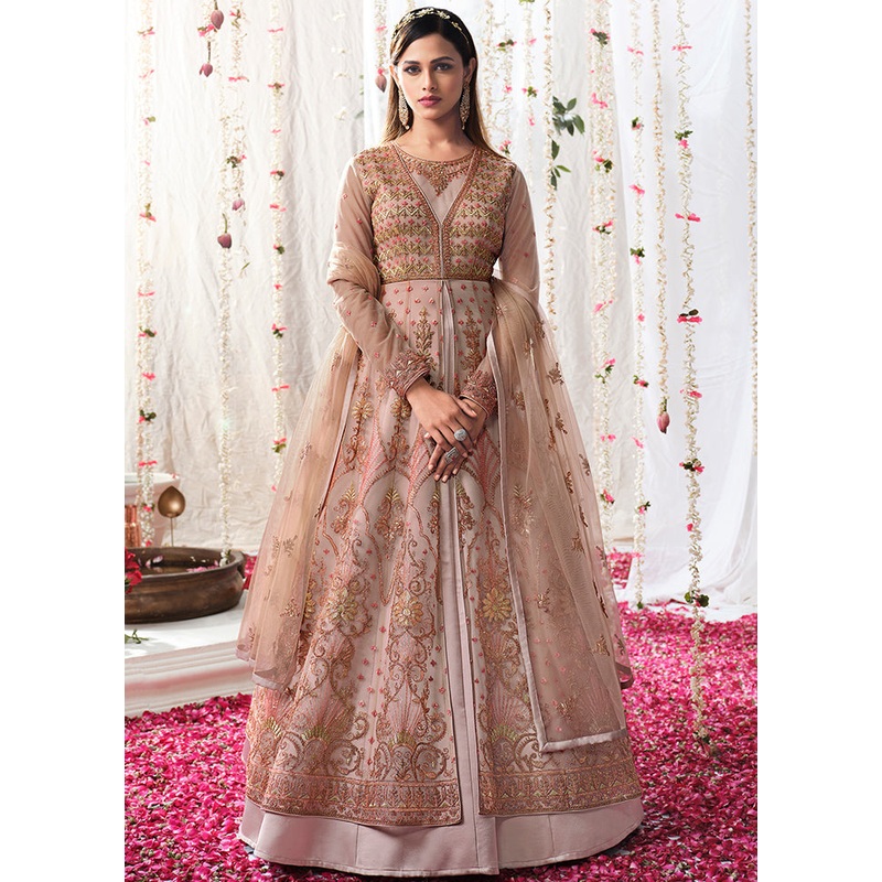 3 Pc Pink Semi Stitched Satin Resham Thread Work Gown - JD986588678