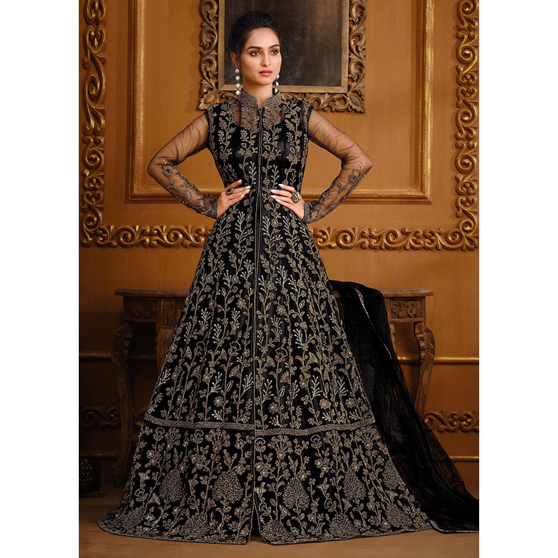 3 Pc Semi Stitched Black Net Suit Set - JD986588676