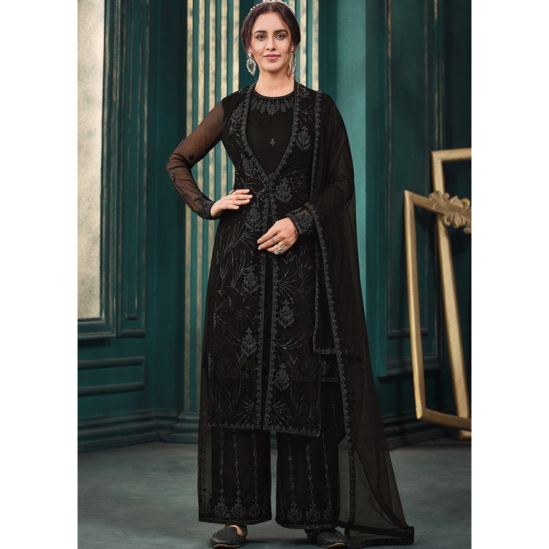 3 Pc Semistitched Black A Line Net Dress - JD986588675