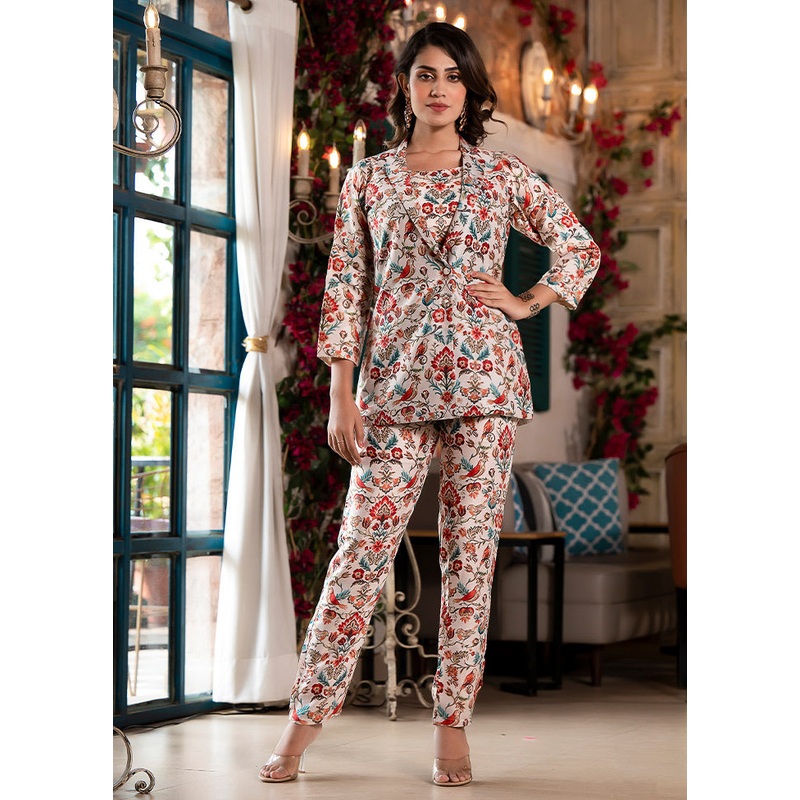 3 Pc White Readymade Silk Coord Set - JD986588724