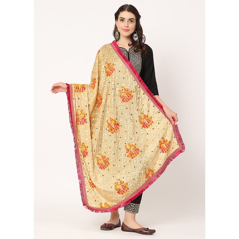 Beige Chiffon Phulkari Embroidered Work Dupatta - JD986588830