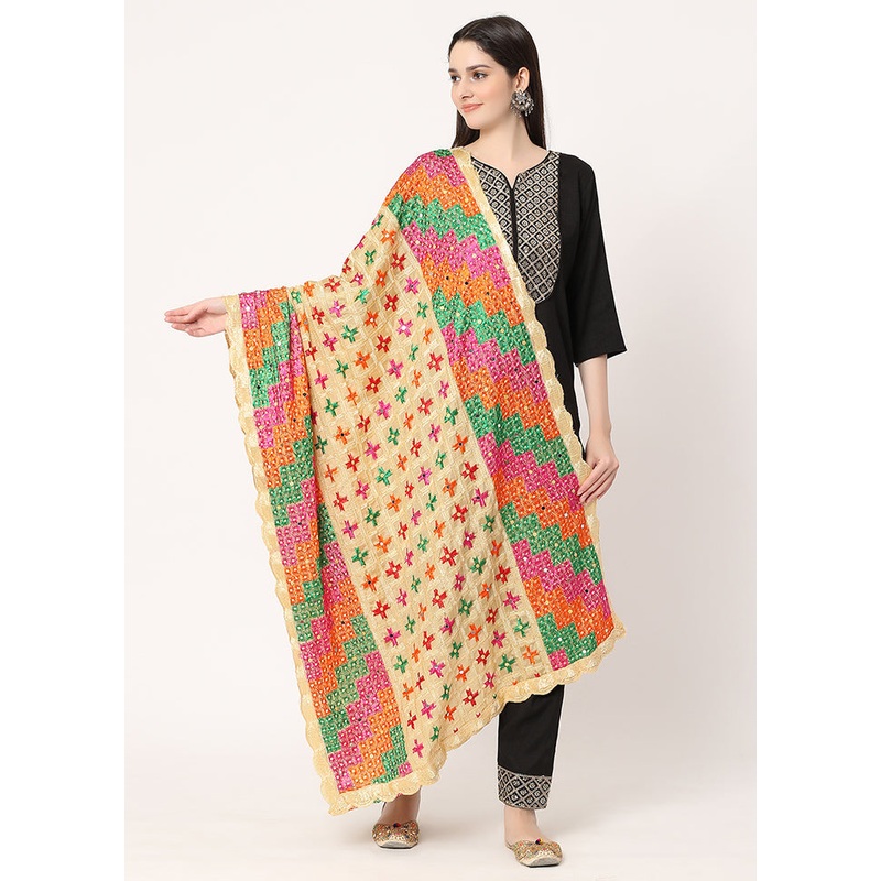 Beige Chiffon Phulkari Embroidered Work Dupatta - JD986588831