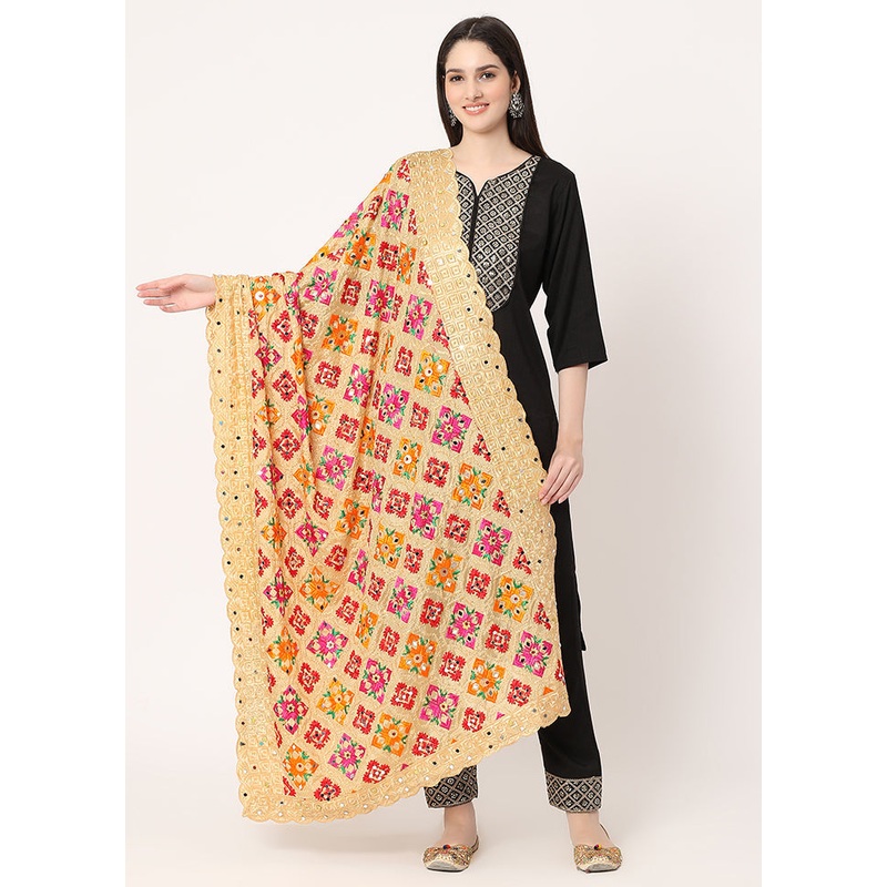 Beige Chiffon Phulkari Embroidered Work Dupatta - JD986588832