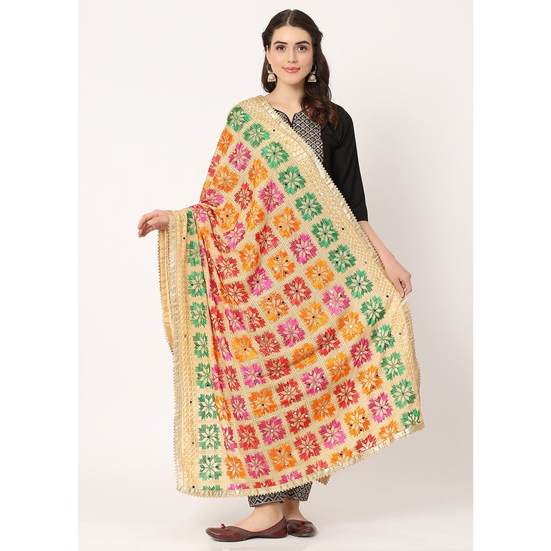 Beige Chiffon Phulkari Embroidered Work Dupatta - JD986588833