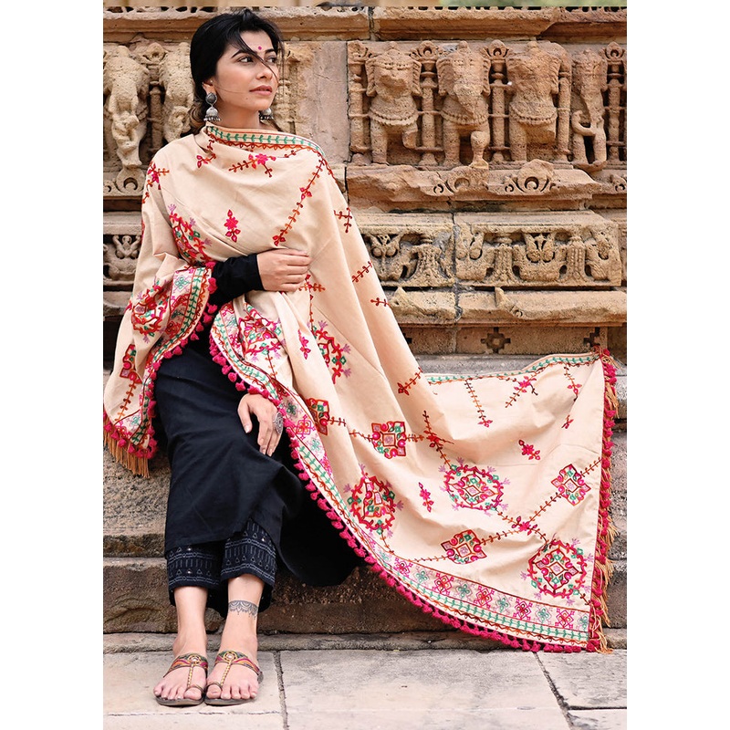 Beige Cotton Dupatta - JD986588837