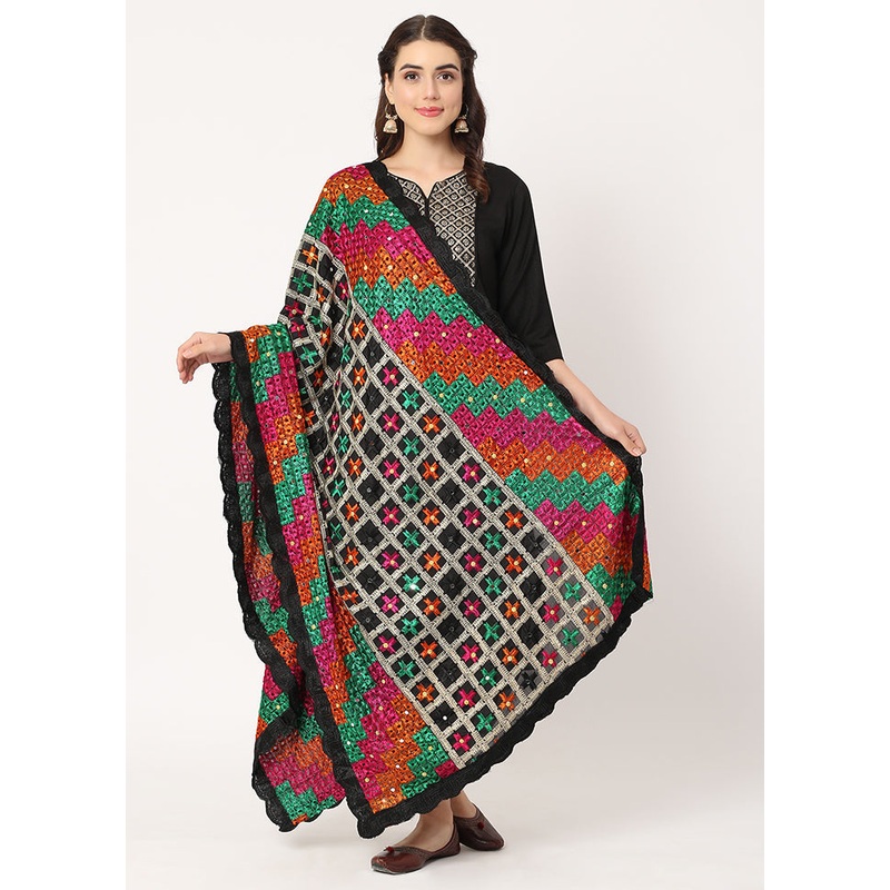 Black Chiffon Phulkari Embroidered Work Dupatta - JD986588839