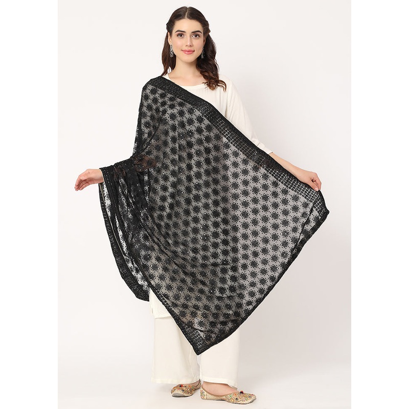 Black Chiffon Phulkari Embroidered Work Dupatta - JD986588840