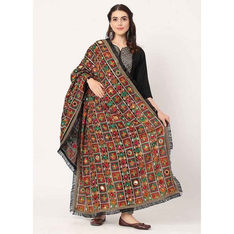 Black Chiffon Phulkari Embroidered Work Dupatta - JD986588841