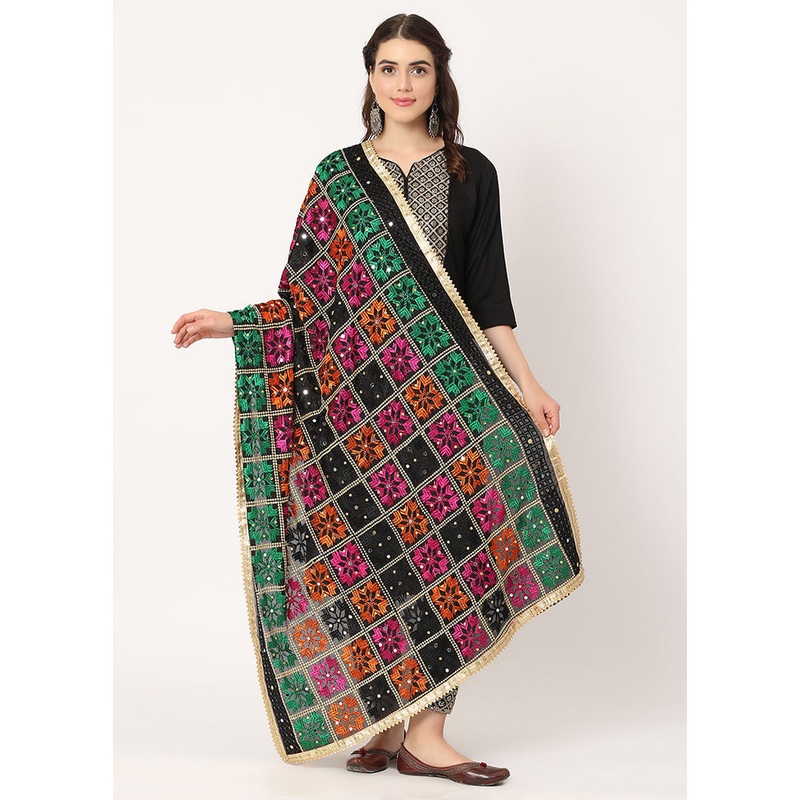 Black Chiffon Phulkari Embroidered Work Dupatta - JD986588842