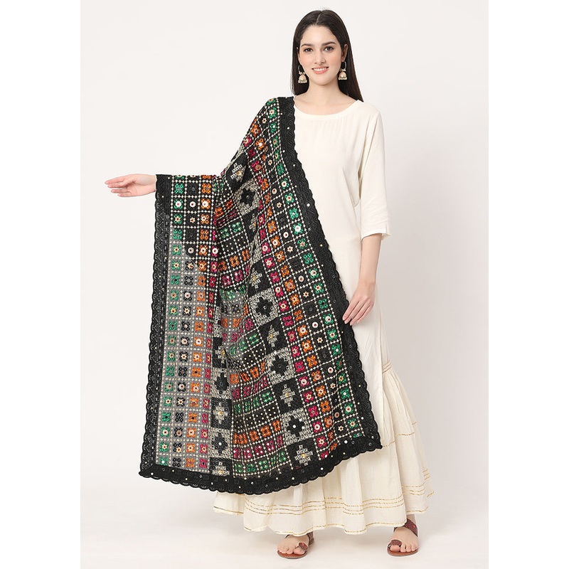 Black Chiffon Phulkari Embroidered Work Dupatta - JD986588843
