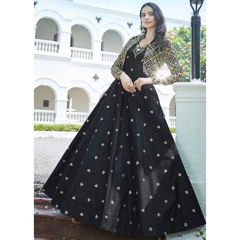 Black Cotton Long Dress With Attached Koti Jacket - JD986588681