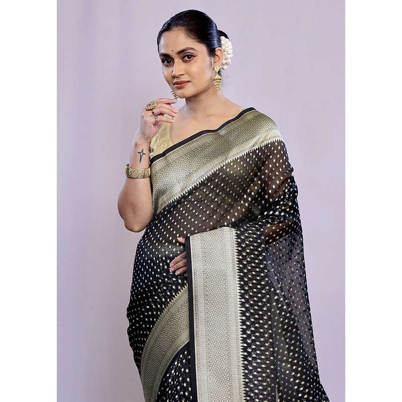Black Kora Silk Saree With Blouse Piece - JD986588770
