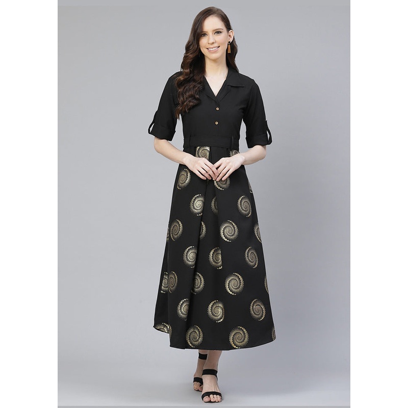 Black Rayon Ankle Length Flared Dress - JD986588686