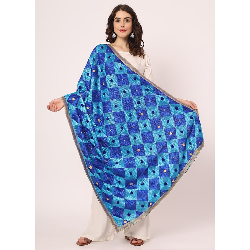 Blue Chiffon Phulkari Embroidered Work Dupatta - JD986588850