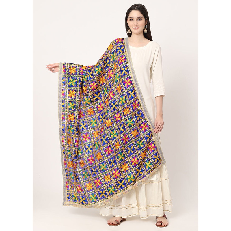Blue Chiffon Phulkari Embroidered Work Dupatta - JD986588851