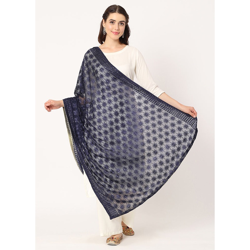 Blue Chiffon Phulkari Embroidered Work Dupatta - JD986588852