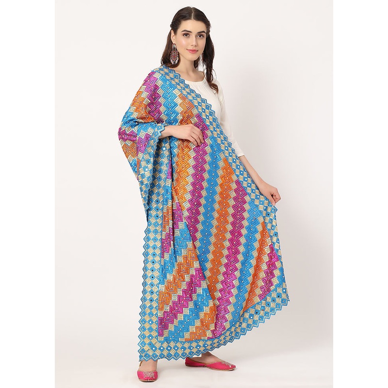 Blue Chiffon Phulkari Embroidered Work Dupatta - JD986588853